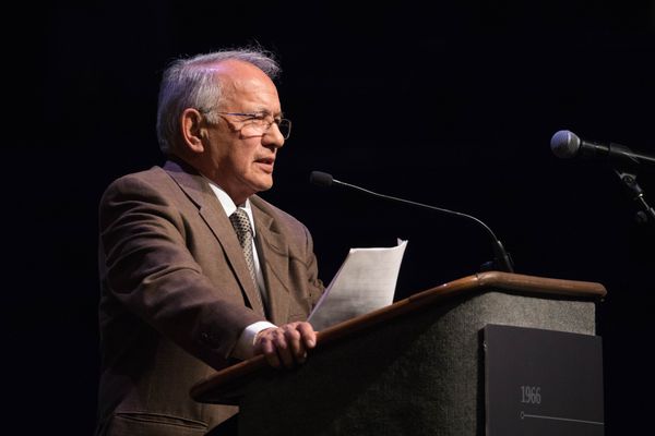 Emil Notti delivers the keynote address on the first day of the Alaska Federation of Natives convention in Fairbanks. (Loren Holmes / Alaska Dispatch News)