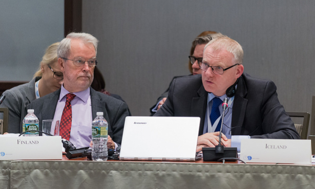 Finnish SAO Aleksi Härkönen (left) and Icelandic SAO Arni Thor Sigurdsson (right). Finland presented their upcoming chairmanship priorities to the Arctic Council gathering in Portland, Maine this week. ( Linnea Nordström/Arctic Council Secretariat)