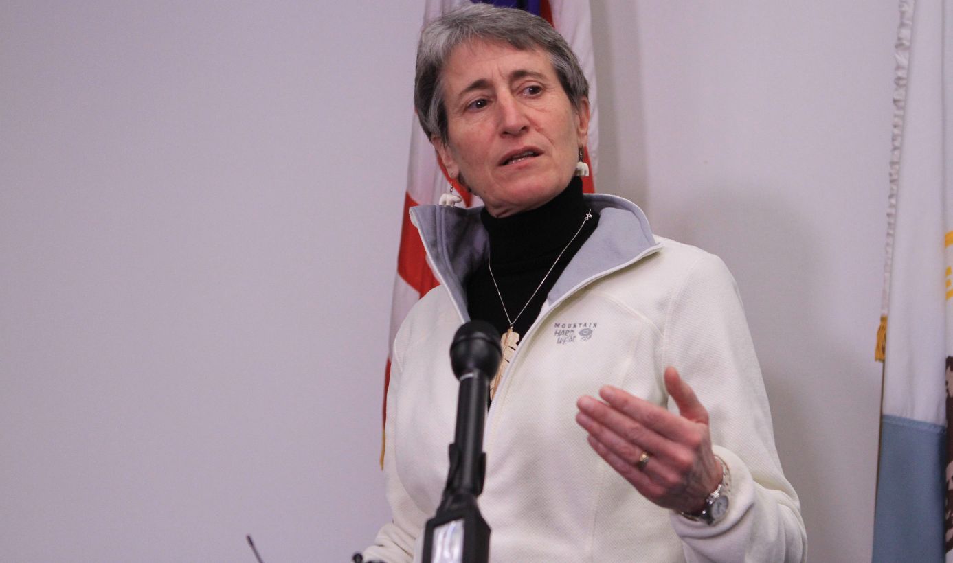 U.S. Interior Secretary Sally Jewell answers questions at a news conference in Alaska in 2015. (Dan Joling/AP)