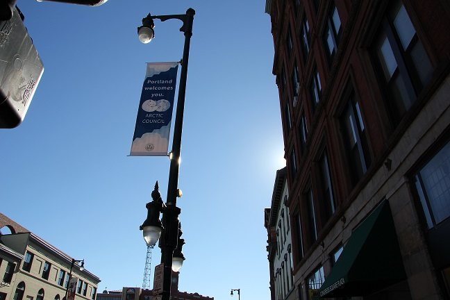 Signs have been hung all over Portland, Me. welcoming the Arctic Council to the city. (Eilis Quinn/Eye on the Arctic)