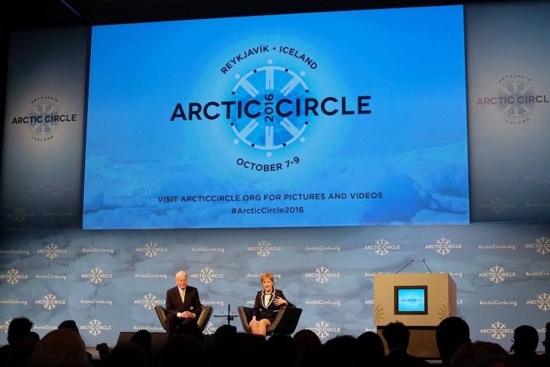 First Minister of Scotland Nicola Sturgeon addresses the audience at Arctic Circle with Iceland’s former president, Olafur Ragnar Grimsson, moderating. (Mia Bennett)