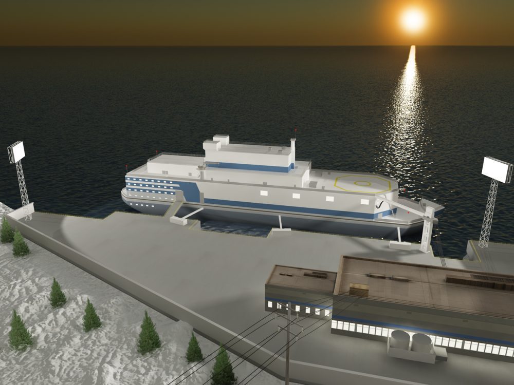 Artist's rendering of the Akademik Lomonosov floating nuclear power and heating plant for the Chukotka town of Pevek. (http://stock.rosenergoatom.ru/) 