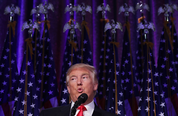 Republican president-elect Donald Trump delivers his acceptance speech during his election night event in New York City in the early morning hours of November 9, 2016. What are the implications of Trump's election for the Arctic? (Chip Somodevilla/Getty Images)