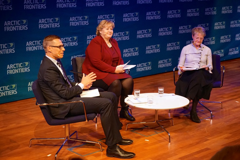 Norway’s Prime Minister Erna Solberg in armchair debate with Finland’s then-Prime Minister Alexander Stubb and Sweden’s then-Minister for Strategic Development Kristina Persson at Arctic Frontiers in 2015. (Thomas Nilsen/The Independent Barents Observer)