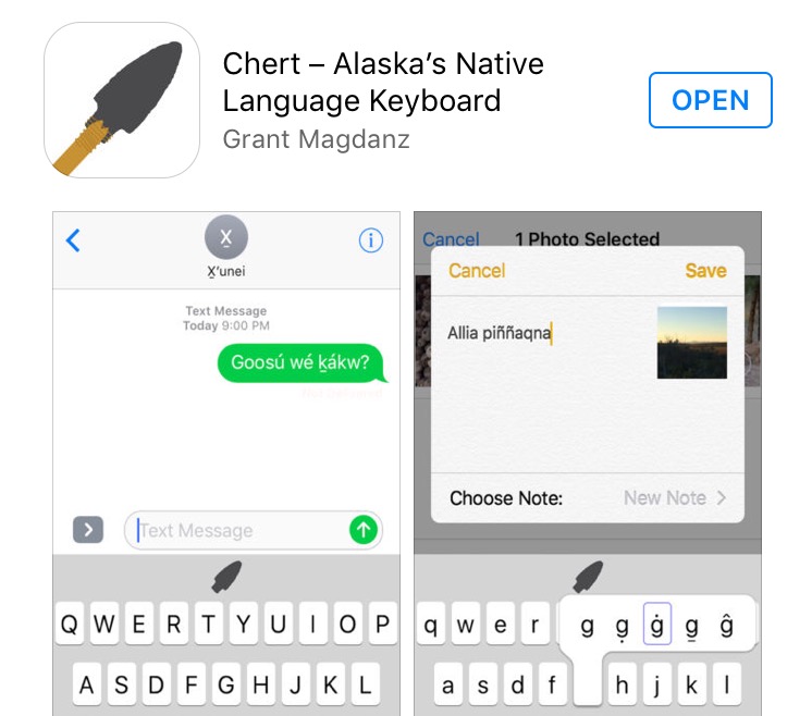 The new Chert app consolidates characters from all 20 Alaska Native languages on an iPhone keyboard. (Zachariah Hughes, Alaska Public Media – Anchorage)