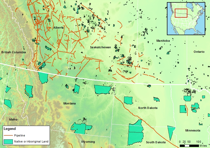 A map of native lands and pipelines around the U.S.-Canada border. (Cryopolitics)