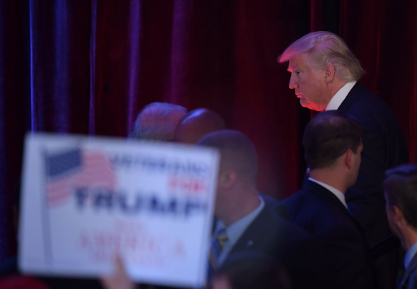 Republican presidential elect Donald Trump arrives to speak during election night in New York City on November 9, 2016. (Jim Watson/AFP/Getty Images)