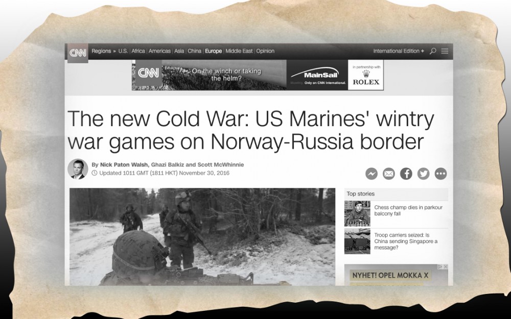 Screenshot of the CNN web article from November 30 claiming US Marines train on Norway's border to Russia. The headline was changed a day after. (The Independent Barents Observer)