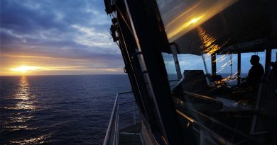 The Finnish icebreaker MSV Nordica sets sail in the North Pacific Ocean toward the Bering Strait on July 7, 2017. Increased shipping traffic in the Bering Sea has prompted Russia and the United States to make a joint submission to the IMO.