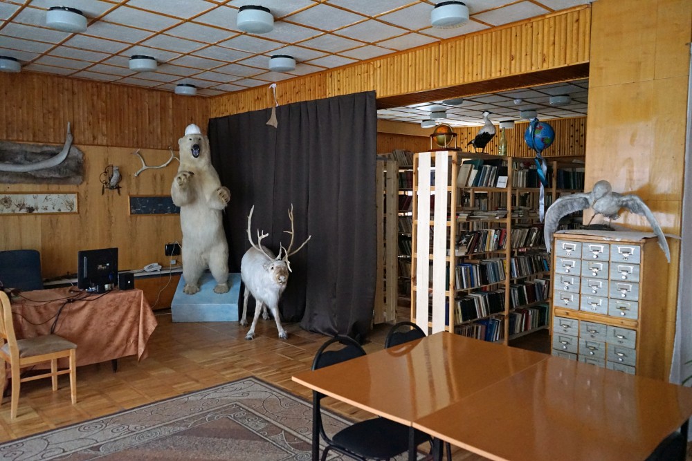 A polar bear and a reindeer are on display in a corner at the library in Barentsburg. (Thomas Nilsen/The Independent Barents Observer)