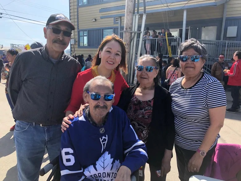 Madeleine Allakariallak, host of CBC’s Igalaaq, poses with Paul Quassa, MLA for Aggu, far left, John Amagoalik, known to many as the ‘Father of Nunavut,’ Evie Amagoalik and Elisapie Quassa. (Madeleine Allakariallak/CBC)
