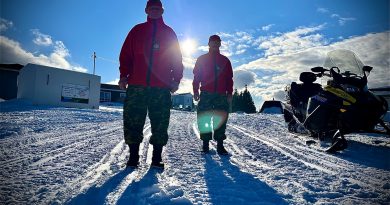 Commander Oswald Allen (left) pictured here with Second-in-Command Master Corporal Levi Wolfrey (right) of the Canadian Rangers Rigolet Patrol in the province of Newfoundland and Labrador.