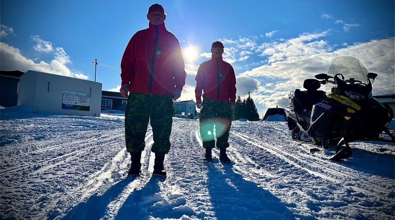 Commander Oswald Allen (left) pictured here with Second-in-Command Master Corporal Levi Wolfrey (right) of the Canadian Rangers Rigolet Patrol in the province of Newfoundland and Labrador.