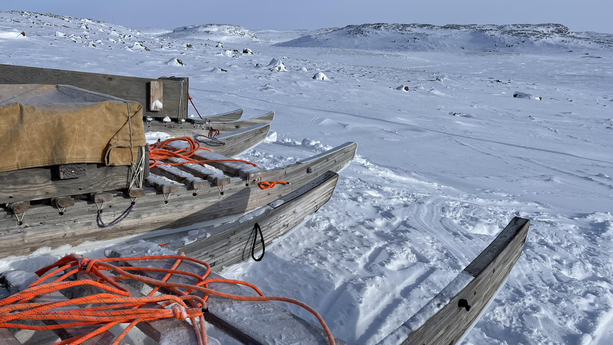 Quamatiks, the sleds Inuit use for hunting and traveling, in Taloyoak. The community’s traditional skills are the base the social economy the community is trying to build. PHOTO : RADIO-CANADA / REGARD SUR L'ARCTIQUE / EYE ON THE ARCTIC / EILIS QUINN