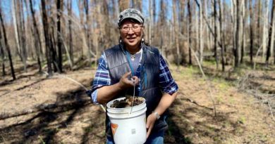 Louise Beaulieu carries a bucket full of morel mushrooms.