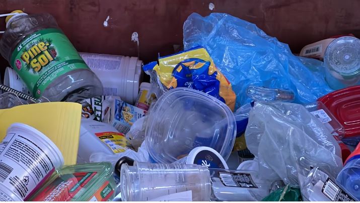 A mix of different kinds of plastic inside one of the blue bins in Yellowknife in March.