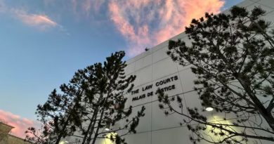 An off-white building with a sign reading "THE LAW COURTS." Two trees are in front of the building. A blue sky with vibrant clouds is above.