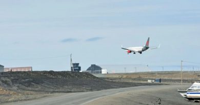 A charter plane on final approach to an airport.