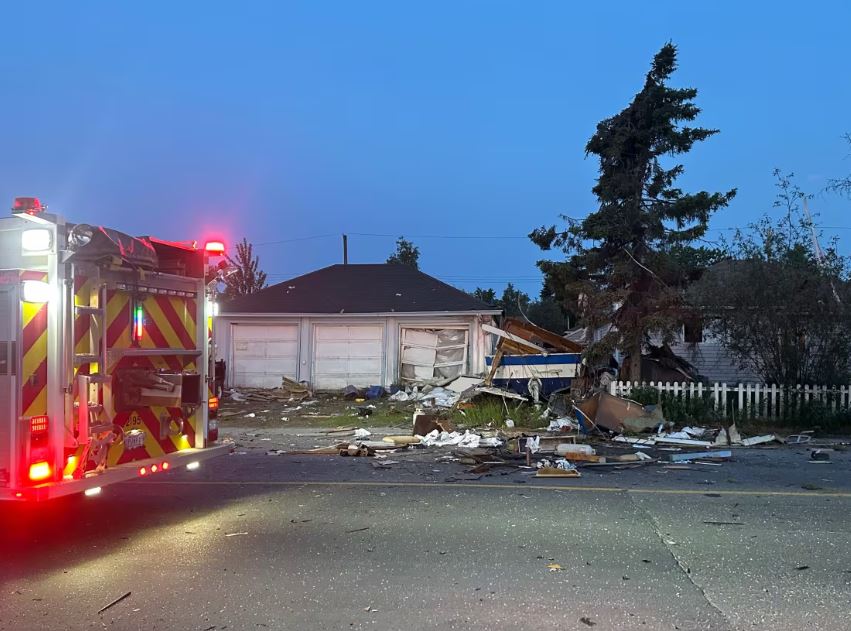 Debris from an explosion on a street. 