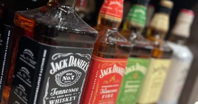 Bottles of whiskey on a store shelf.