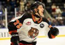 A young hockey player celebrates on the ice.