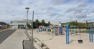 Empty playground in front of school building.