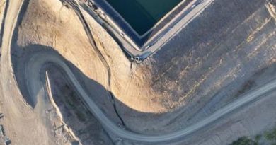 An aerial of the Events Pond at the Eagle Gold mine site on Aug. 30, 2025.