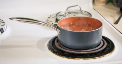 A pot of water is seen boiling on a stove element