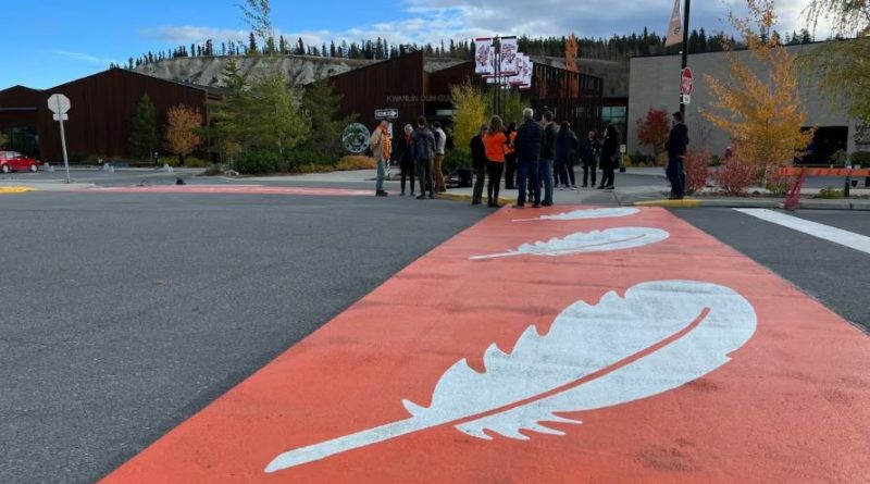 White feathers on orange crosswalk