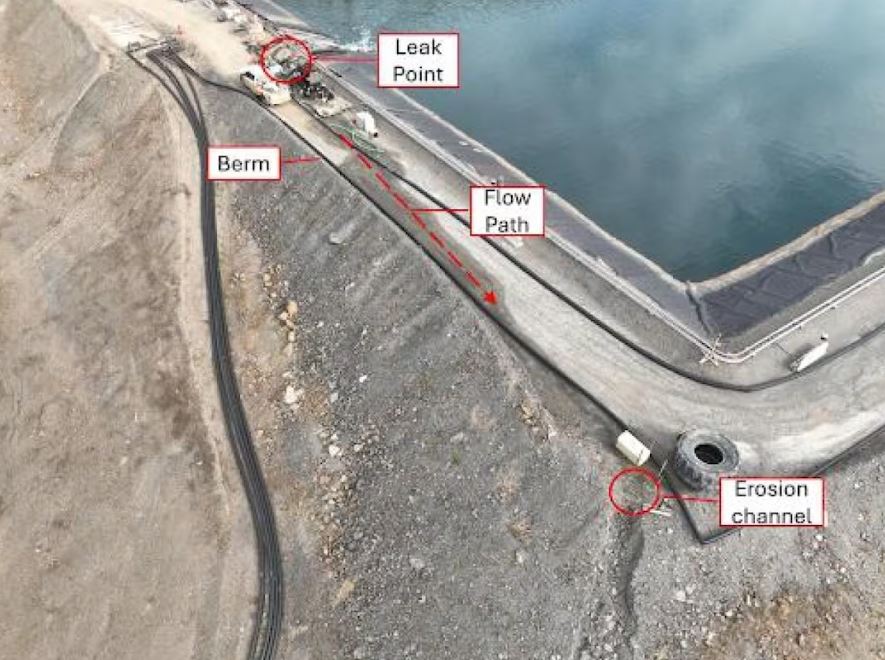 A labelled photo submitted on Sept. 8, 2025 by mine receiver PricewaterhouseCoopers to the Yukon Water Board. It shows the location of a contaminated water spill at the Eagle Mine Events Pond. 