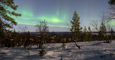 Northern lights illuminating the night sky over the Levi region in Lapland Finland, in December 2025.