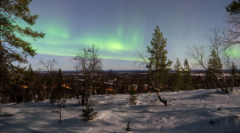 Northern lights illuminating the night sky over the Levi region in Lapland Finland, in December 2025.