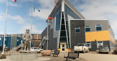 A building is seen with flags outside and a sculpture.