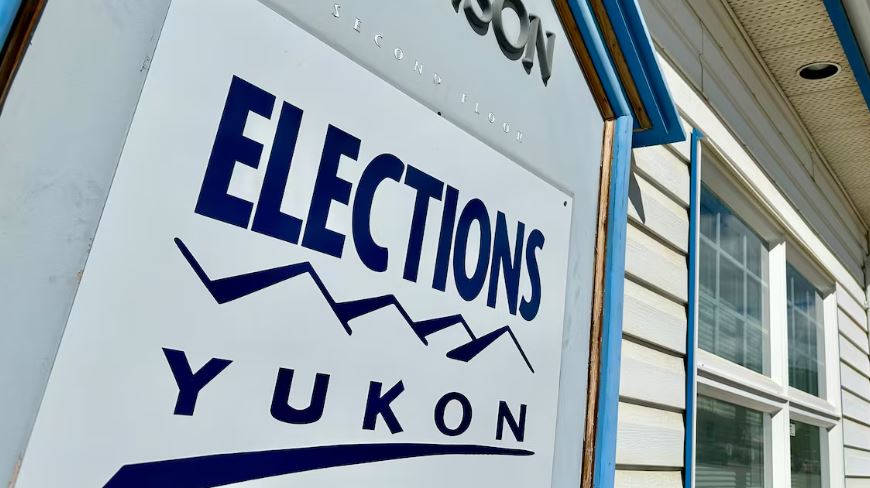An Elections Yukon sign outside the office in downtown Whitehorse on May 15, 2026.