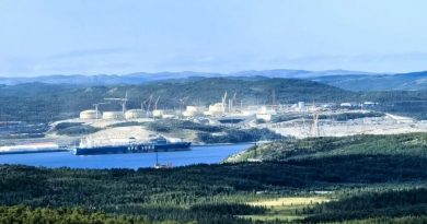 Gas reservoir tanks in front of mountains