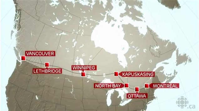 Étinéraire du premier vol civil avec passagers entre Montréal et Vancouver en 1939.