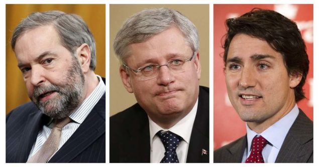 Le néo-démocrate Thomas Mulcair. Le conservateur Stephen Harper. Le libéral Justin Trudeau. 