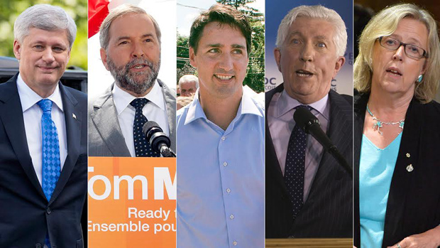 Le conservateur Stephen Harper. Le néo-démocrate Thomas Mulcair.  Le libéral Justin Trudeau. Le bloquiste Gilles Ducepe. La verte Elizabeth May.