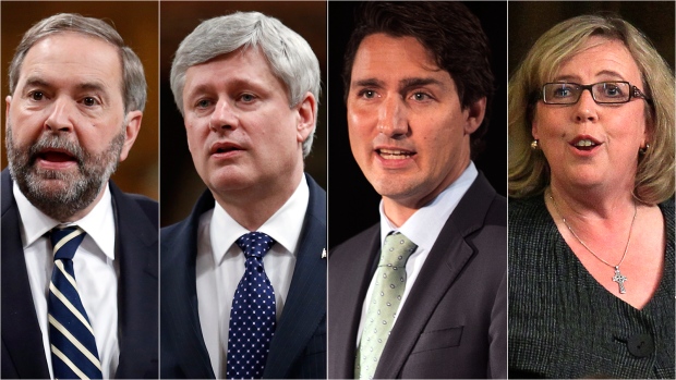 Les dirigeants des partis politiques canadiens Tom Mulcair, Stephen Harper, Justin Trudeau et Elizabeth May s'affronteront dans un débat télévisé en anglais jeudi. 