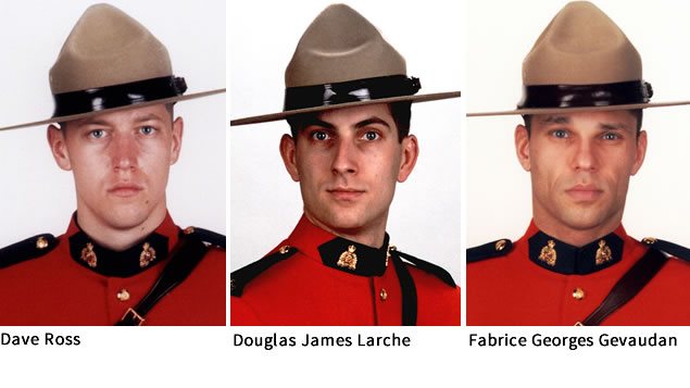 Les trois policiers tués à Moncton : Dave Ross, Douglas James Larche et Fabrice Georges