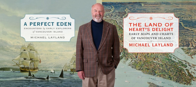 Michael Layland avec les images de ses deux livres sur l'Île de Vancouver, ses explorateurs, ses habitants passés et sa cartographie. 
