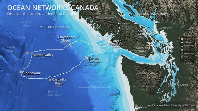 Région de déploiement des détecteurs de tremblement de terre par le Oceans Networks Canada | Image : Oceans Networks Canada