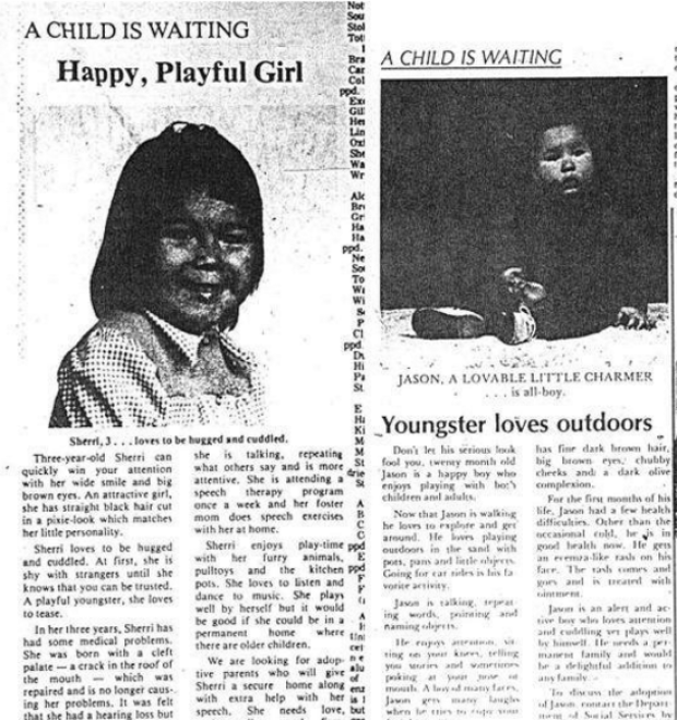 De vieilles coupures de presse faisant la promotion d'enfants autochtones (Karen Pauls/Twitter)