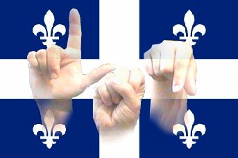 Drapeau du Québec, avec les lettres L, S et Q de l'alphabet français manuel de la LSQ