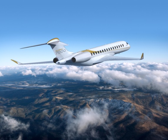 Représentation d'un Global 7000 en plein vol. Crédit : Bombardier