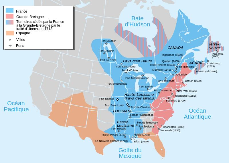 Territoires contrôlés par la France en Amérique du Nord entre 1608 et 1803 montrant l'influence que les Français ont eue sur la toponymie.