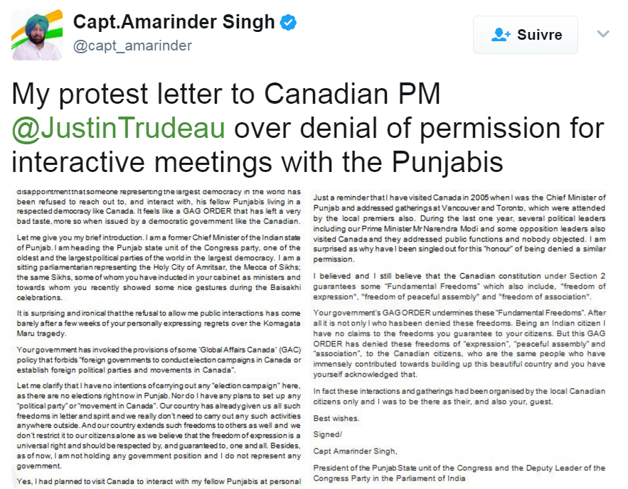 Letttre de protestation d'Amarinder Singh 