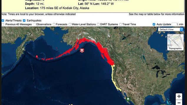 186/5000 Un tremblement de terre enregistrant une lecture préliminaire de 8,2 a frappé mardi à 278 kilomètres au sud-est de Kodiak, en Alaska, selon le US Geological Survey. NOAA / National Weather Service