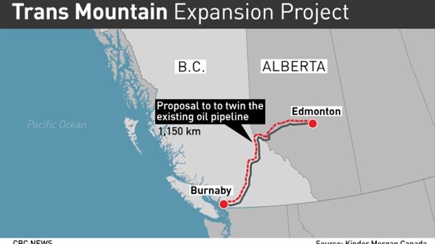 Le projet d’oléoduc Trans Mountain, long de 1.150 km, permettra de transporter du pétrole d’Edmonton, en Alberta au terminal de Burnaby, en Colombie-Britannique, d’où il sera exporté vers les marchés asiatiques. © (CBC)