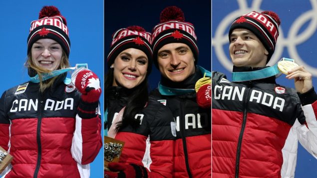 Kim Boutin, Tessa Virtue, Scott Moir et Mikaël Kingsbury reçoivent leur médaille (Photo: Getty Images)